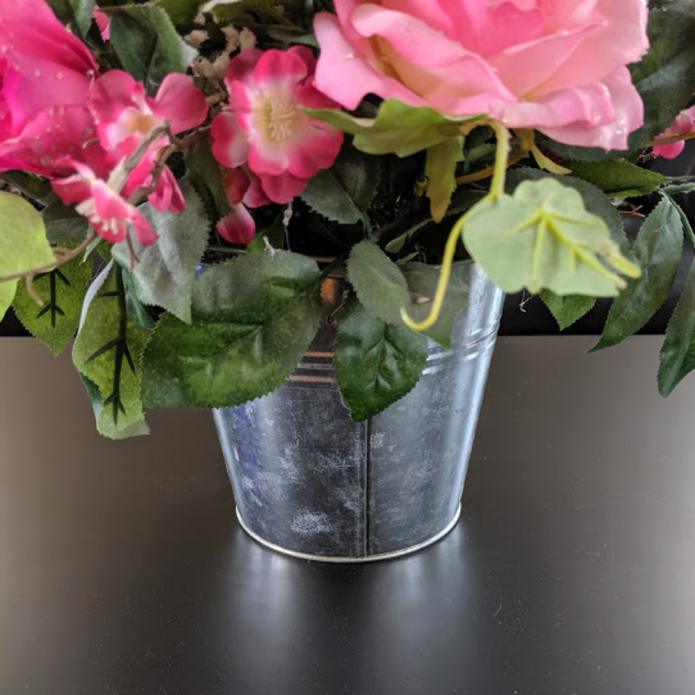 Faux Floral custom made bouquet in silver tin